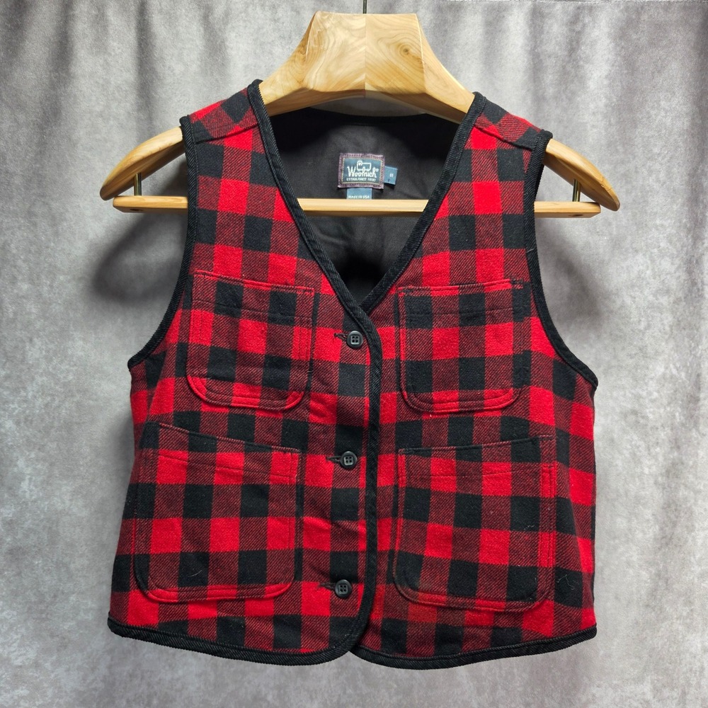 Woolrich Vintage Red Black Buffalo Plaid Wool Blend Vest Made in USA Womens S